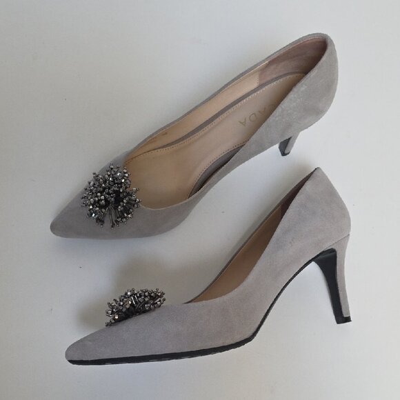 ESCADA | Gray Suede Heels Silver Embellishments Sz 40 - Picture 1 of 8